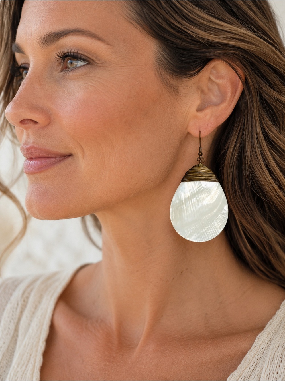 White Shell Teardrop Earrings with Brass Accents
